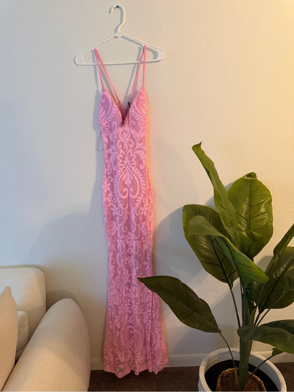 Fashion Nova Pink Lace Maxi Dress with Spaghetti Straps